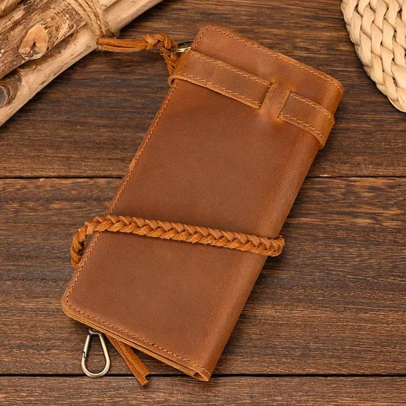 Fashionable Leather Long Wallet with Braided Strap and Coin Inner Zipper - VacationGrabs