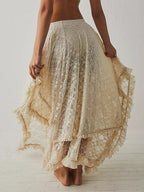 VacationGrabs Floral Lace Long Skirt for Women Y2K Elastic Waist Asymmetrical Layered Maxi Skirt Sexy See Through Flowy Beach Skirt
