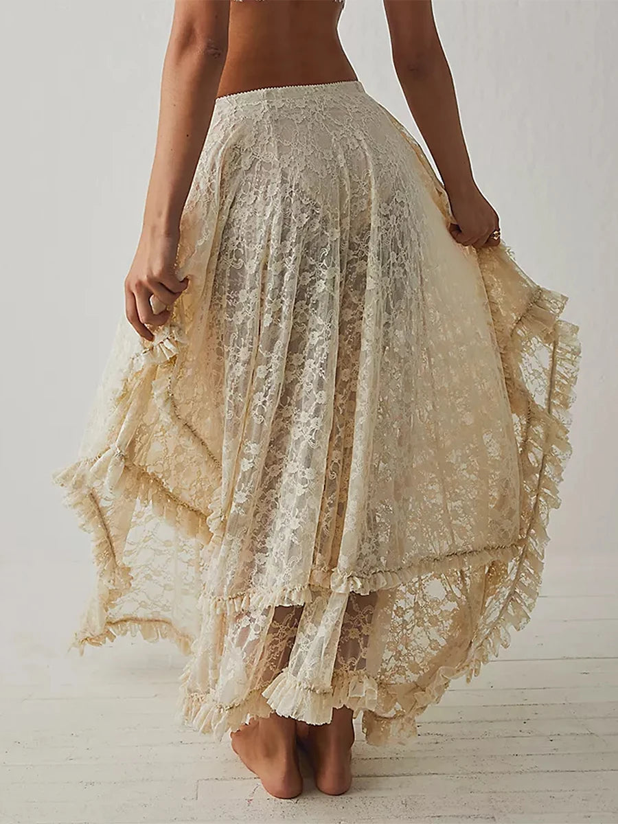 VacationGrabs Floral Lace Long Skirt for Women Y2K Elastic Waist Asymmetrical Layered Maxi Skirt Sexy See Through Flowy Beach Skirt