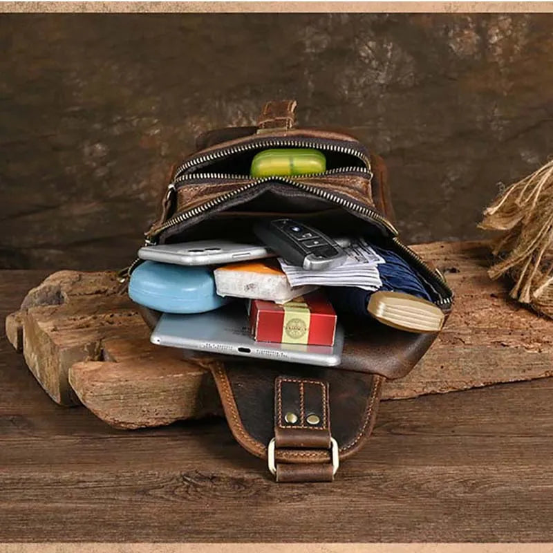 Men's Genuine Leather Chest Bag Leather Big Capacity Crossbody Bag Casual Male Riding Messenger iPad Cell Phone Sling Bag