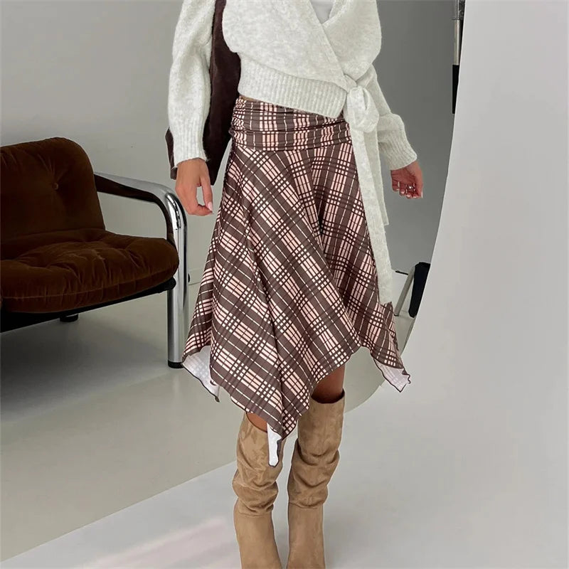 Summer Irregular Skirt Y2k Harajuku Aesthetic Streetwear Vintage Plaid Midi Skirt Women Sexy Low Waist Short Skirts