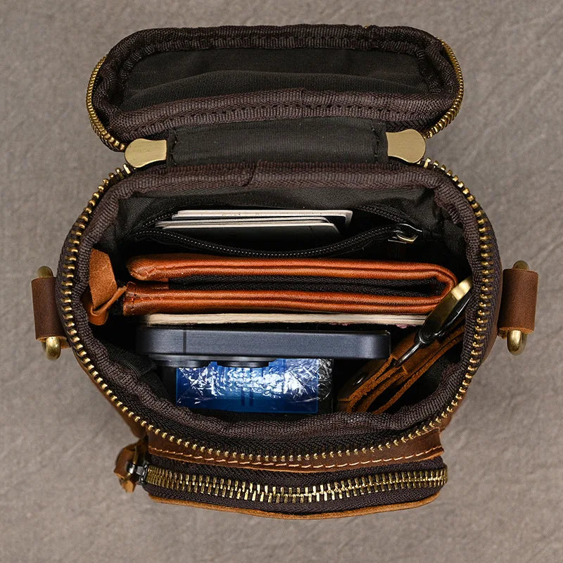 Crazy horse multi functional belt men's cowhide first layer Retro leather messenger small shoulder cowhide fanny pack