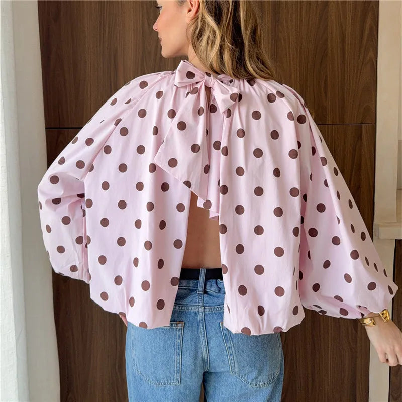 VacationGrabs Y2K Women Polka Dot Blouse Puff Long Sleeve Stand Collar Shirt Back Bow Tie Loose Cropped Top Fall Casual Backless Shirt