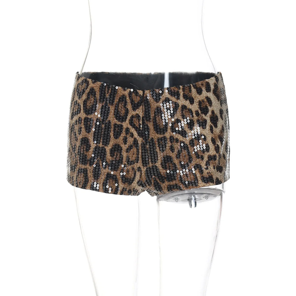 Sequin Leopard Patterm Fitness Bodycon Pants Women Boot Cut Low Rise Shorts Coquette Hot Shorts Club Party Going Out Outfits
