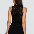 VacationGrabs Women Y2K Coquette Lace Tank Top Sleeveless Sheer Floral Cutout High Neck Slim Crop Going Out Top Party Clubwear
