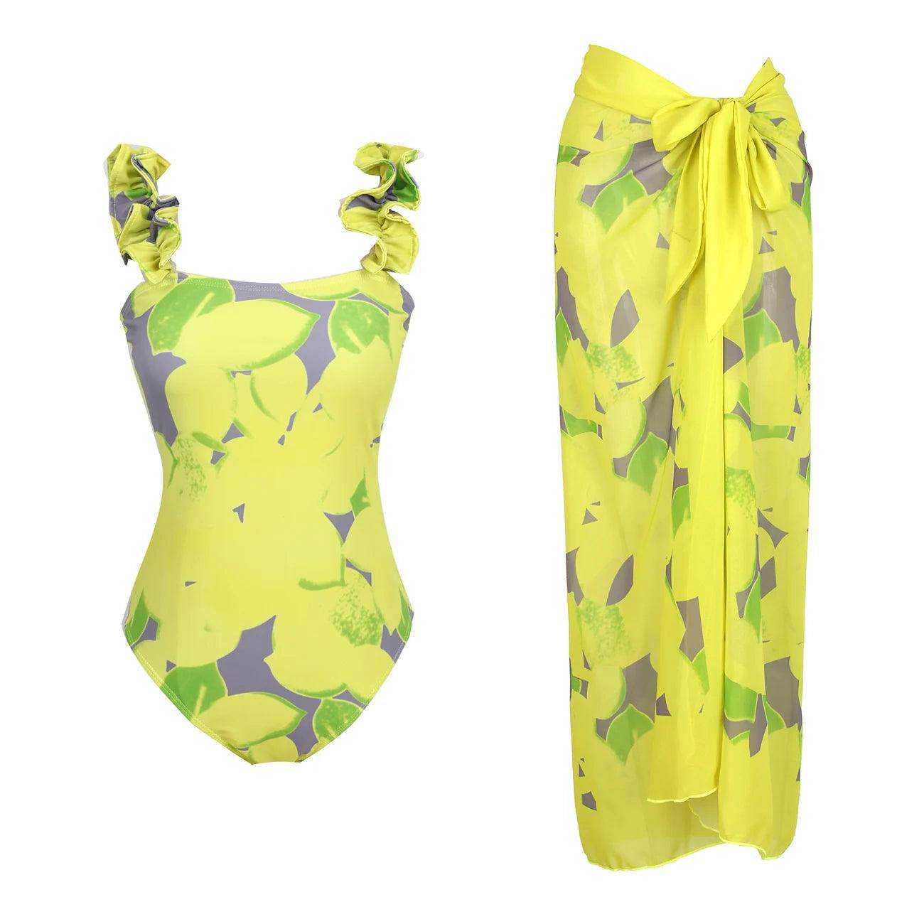 Retro One Piece Swimsuit Skirt Swimwear - VacationGrabs