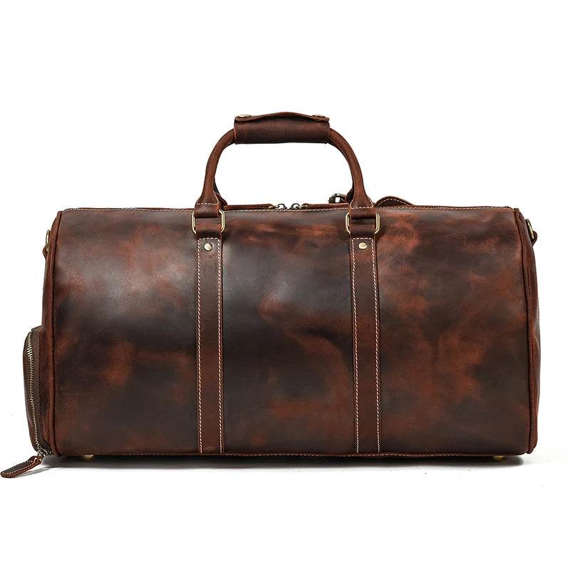 Vintage Leather Travel Duffle Bag With Shoe Pocket Weekend Bag - VacationGrabs