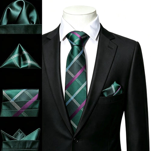 A men's formal accessory set featuring a dark green tie, matching pocket square, and pocket square set with plaid patterns, displayed on a black suit jacket and white shirt. The left side shows detailed close-ups of the fabric textures and patterns.