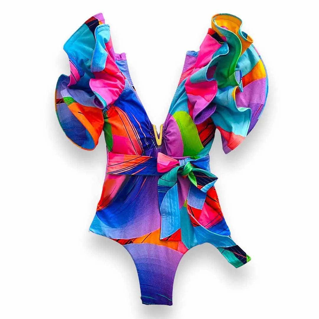 Women's Ruffle Sleeve Deep-V Bathing Suit - VacationGrabs