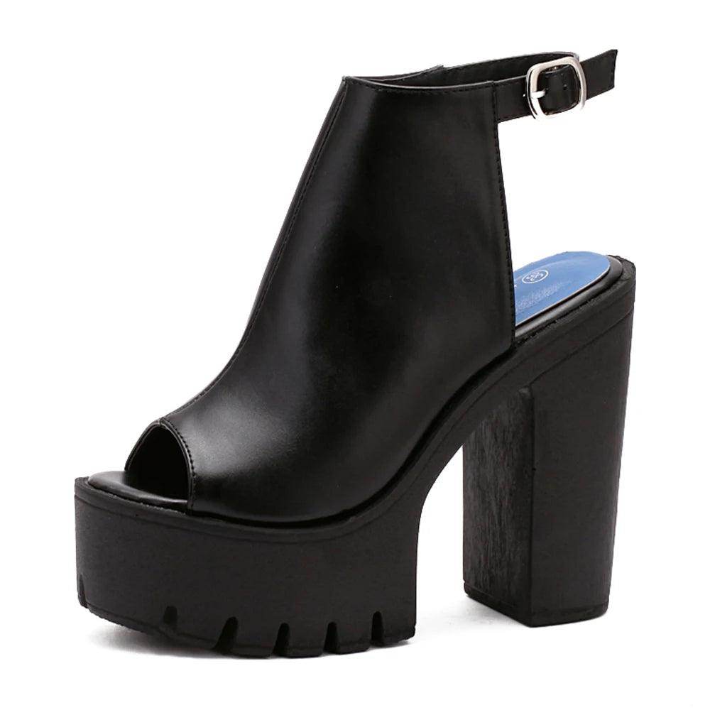 Platform Block High Heels Black Peep Toe Slingbacks - VacationGrabs