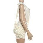 VacationGrabs Women Backless Deep V Twist Knot Bodycon Mini Dress Sleeveless Ruched Waist Cutout Slim Party Vacation Tight Dress