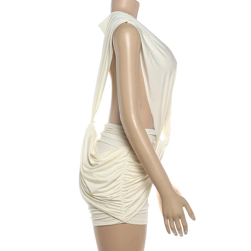 VacationGrabs Women Backless Deep V Twist Knot Bodycon Mini Dress Sleeveless Ruched Waist Cutout Slim Party Vacation Tight Dress