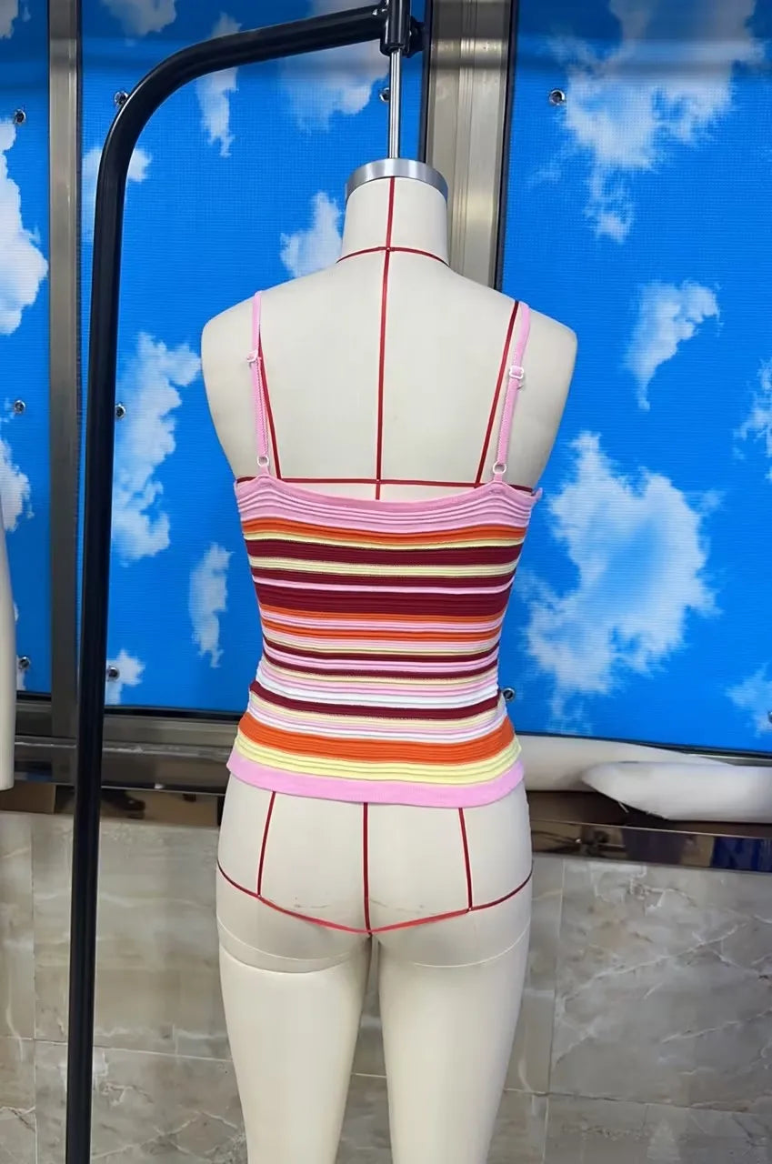 VacationGrabs Women's Vertical Striped Knit Cami Top Spaghetti Strap Square Neck Fitted Waist Cropped Sweater Summer Casual Top