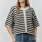 VacationGrabs Women Contrast Stripe Plush Mohair Knit Cardigan Round Neck Button Front Half Sleeve Loose Fit Cropped Knit Jacket Fall