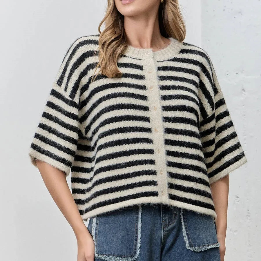 VacationGrabs Women Contrast Stripe Plush Mohair Knit Cardigan Round Neck Button Front Half Sleeve Loose Fit Cropped Knit Jacket Fall