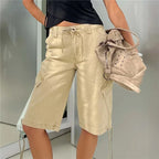 VacationGrabs Women's Y2K Low Waist Cargo Bermuda Shorts Drawstring Tie Hem Knee Length Pants with Pockets Casual Loose Fit Streetwear