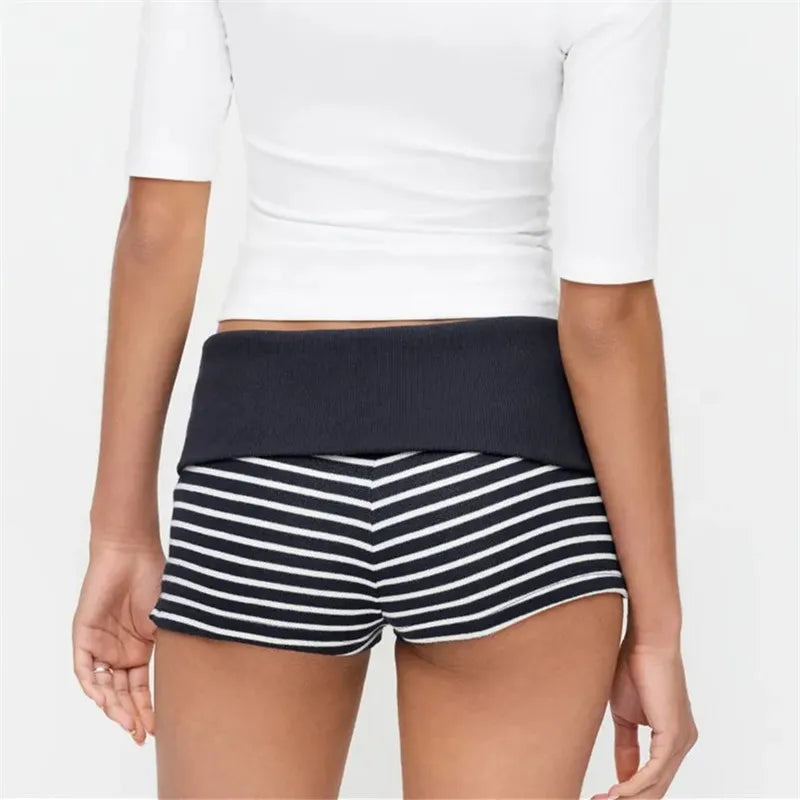 VacationGrabs Women Fold Over High Waist Striped Ribbed Knit Booty Shorts Y2K Slim Bodycon Mini Hot Pants Casual Loungewear Bottoms