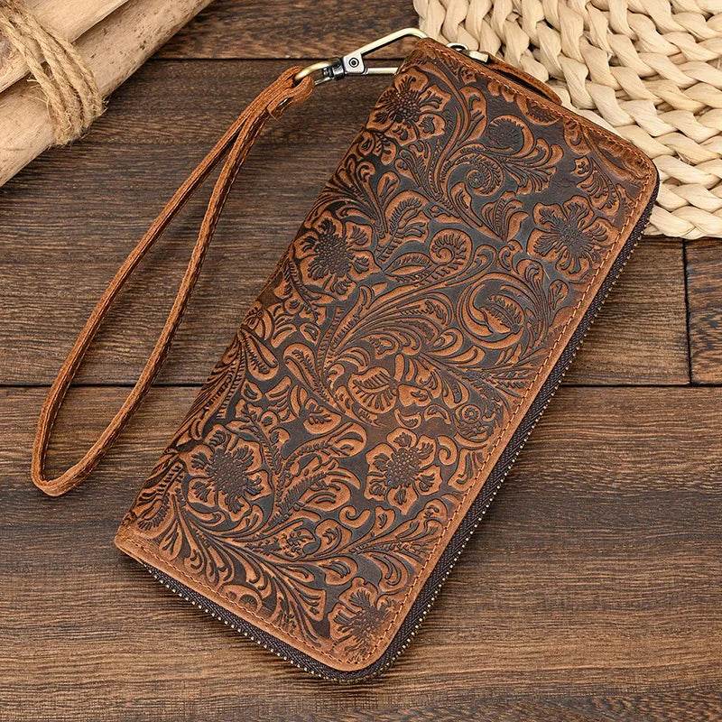 Men's Zip Long Wallet Natural Cowhide for Cards, Cash & Phone - VacationGrabs