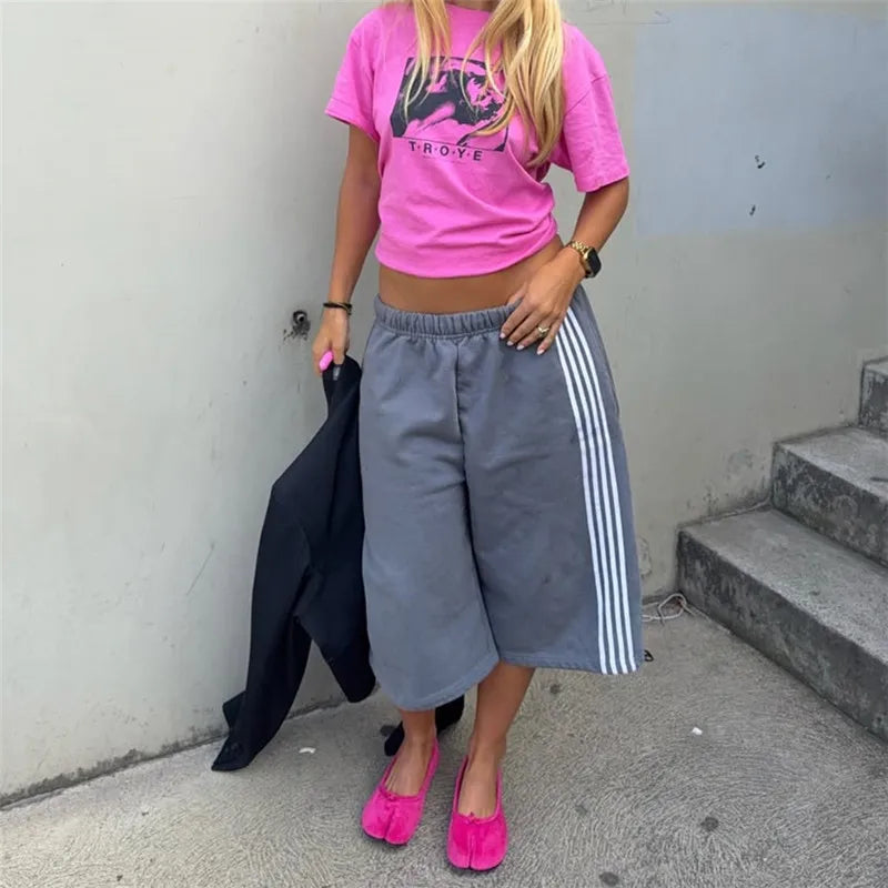 VacationGrabs Elastic Drawstring Waist Side Stripes Cropped Seven Pants Women Loose Wide Leg Sweat Jogger Casual Street Bottoms