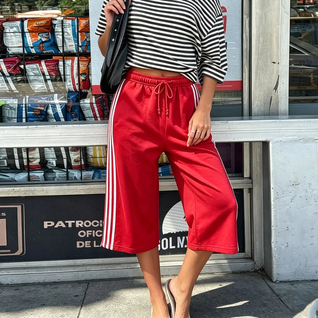 VacationGrabs Women Side Stripes Capri Sweatpants Drawstring Elastic Waist Loose Knee Length Casual Sports Cropped Jogger Pants