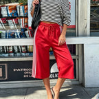 VacationGrabs Women Side Stripes Capri Sweatpants Drawstring Elastic Waist Loose Knee Length Casual Sports Cropped Jogger Pants
