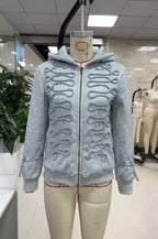 VacationGrabs Y2K Women Structured Shoulder Zip Hoodie 3D Rope Embroidery Braid Trim Jacket Street Fashion Casual Winter Hooded Coat