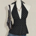 VacationGrabs Ladies Vintage Polka Dot Halter Neck Top Deep V Tie Back Sleeveless Ruched Waist Peplum Tank Top For Y2K Streetwear