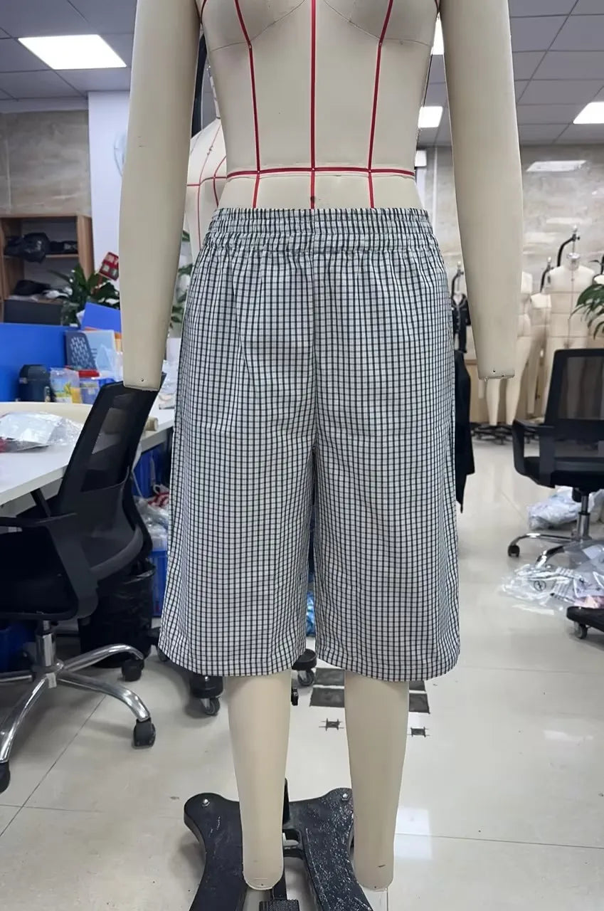 VacationGrabs Vintage Plaid Check Bermuda Shorts Elastic Waist Loose Knee Length Trousers For Women Casual Summer Streetwear DailyWear