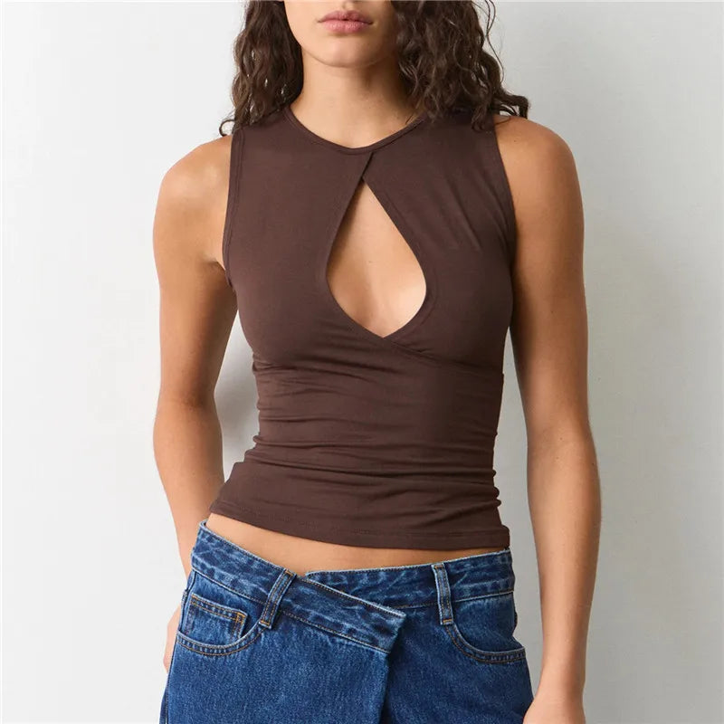 VacationGrabs Women's Summer Tank Tops Stylish Solid Color Hollow Out Design Crew Neck Sleeveless Slim Fit Vest Shirt Y2K Streetwear