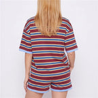 VacationGrabs Striped Two Piece Outfit Women Contrast Trim Oversized Short Sleeve Tee And Elastic Waist Shorts Casual Loungewear Set