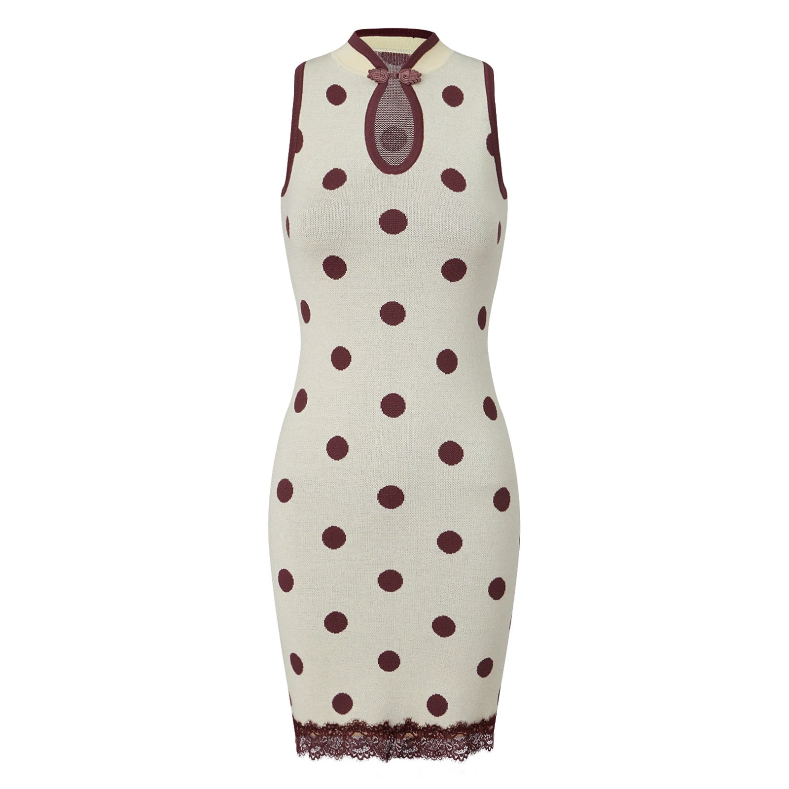 VacationGrabs Knit Polka Dot Bodycon Mini Dress Women Sleeveless Halter Qipao Collar Keyhole Cutout Lace Hem Slim Short Pencil Dress
