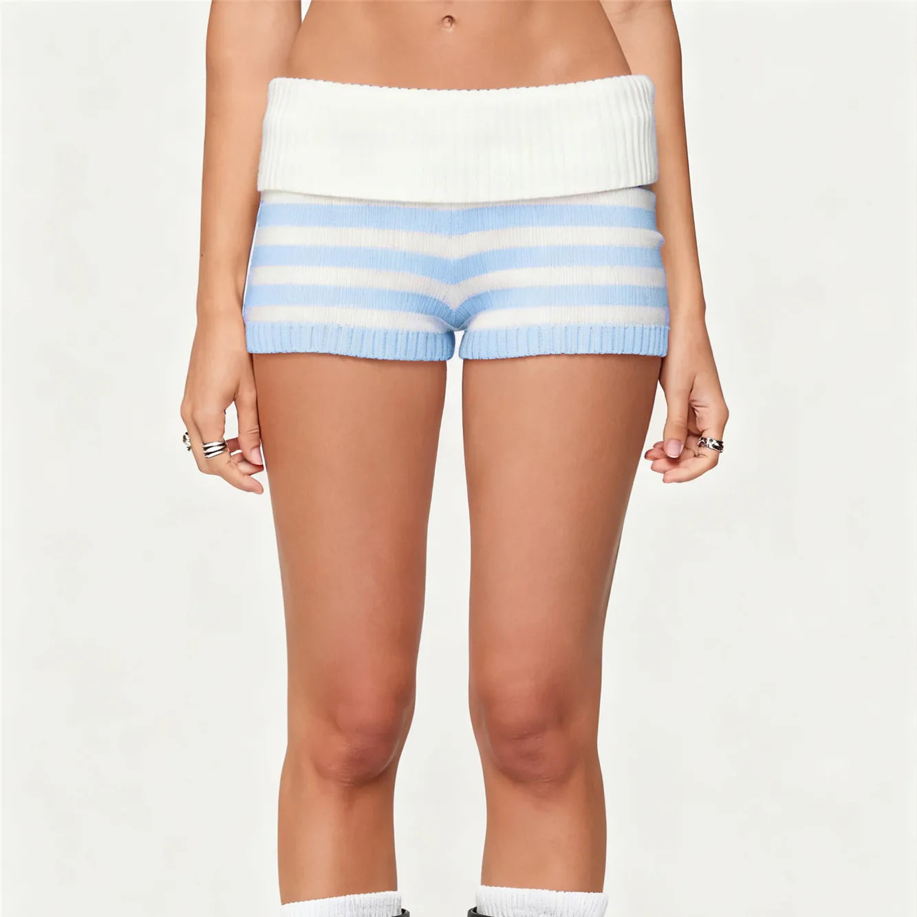 VacationGrabs Women Y2k Knit Mini Shorts Striped Foldover Low Waist Elastic Slim Fit Vintage Going Out Micro Bottom Streetwear