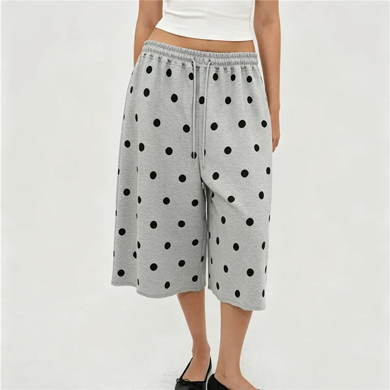 VacationGrabs Ladies Raw Edge Bermuda Sweat Pants Elastic Drawstring Waist Loose Wide Leg Casual Knee Length Capri Jogger Trousers