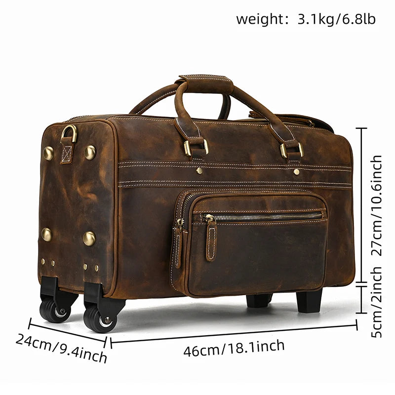 Rolling Genuine leather hand luggage travel bag with wheels