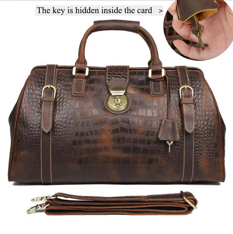 Vintage Crazy Horse Genuine Leather Bag with Lock Big Capacity Travel Duffel