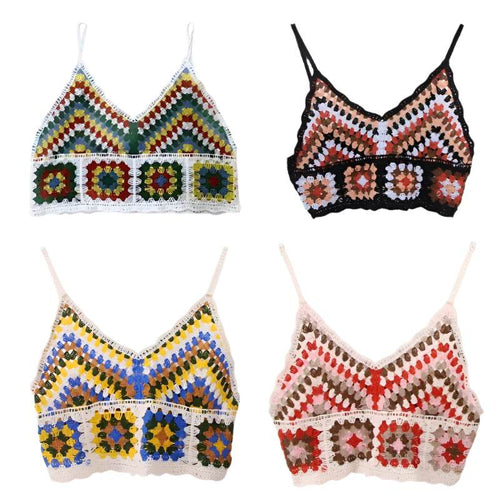 Womens Summer Crochet Knit Crop Top Embroidered Color Block - VacationGrabs