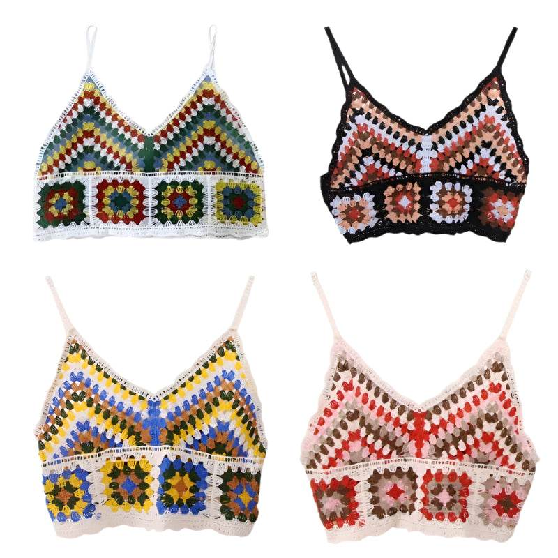 Womens Summer Crochet Knit Crop Top Embroidered Color Block - VacationGrabs