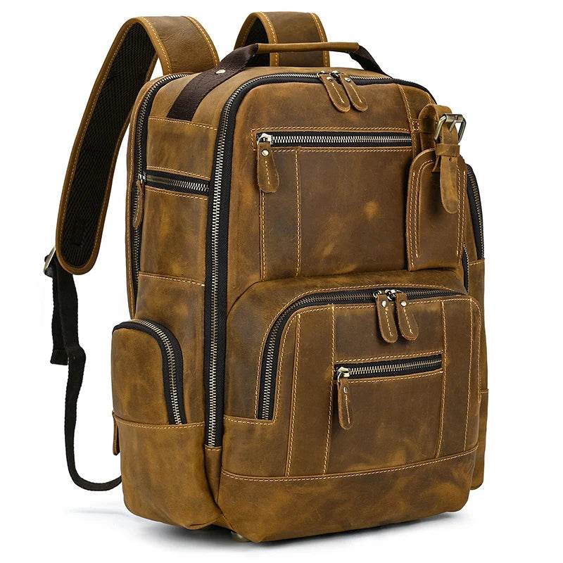 Vintage Crazy Horse Leather Backpack Men Travel Laptop School Bag - VacationGrabs