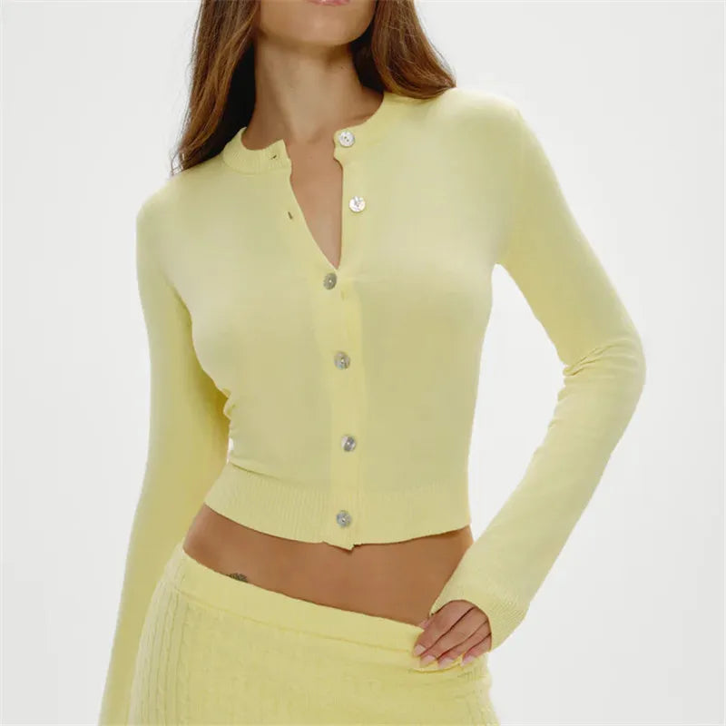 VacationGrabs Knitted Fashionable Casual Cardigan Top Solid Color Round Neck Long Sleeved Slim Fit Winter Fall Button Sweater Tops