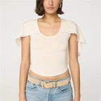 Women's cream top with lace and trim, perfect for casual outings