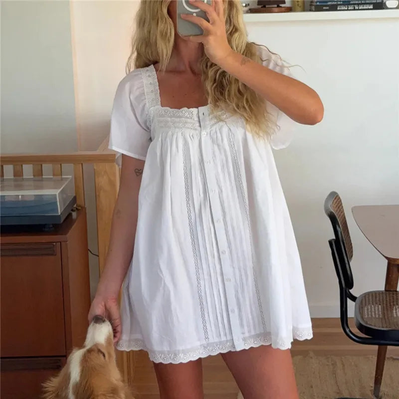 VacationGrabs Square Neck Eyelet Lace Mini Dress Women Flutter Short Sleeve Front Button Pleated Loose Babydoll Summer Vacation Dress