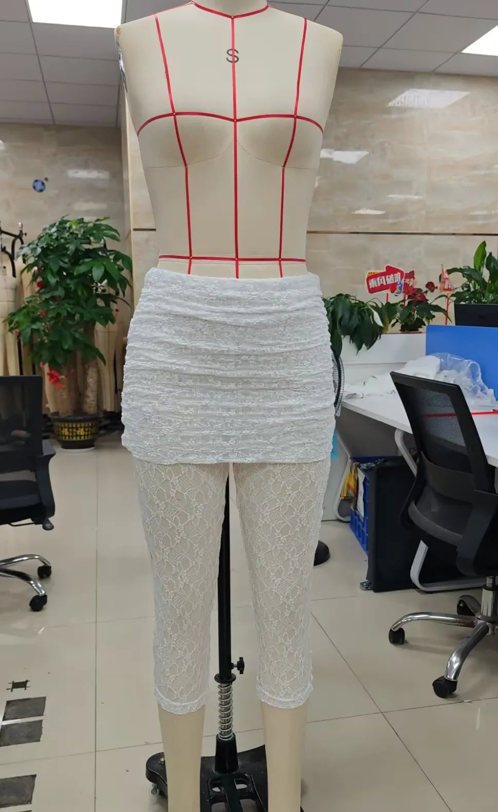 VacationGrabs Women Lace Cropped Leggings with Skirt Overlay See Through Mesh Capri Pants High Waist Ruched Summer Casual Streetwear