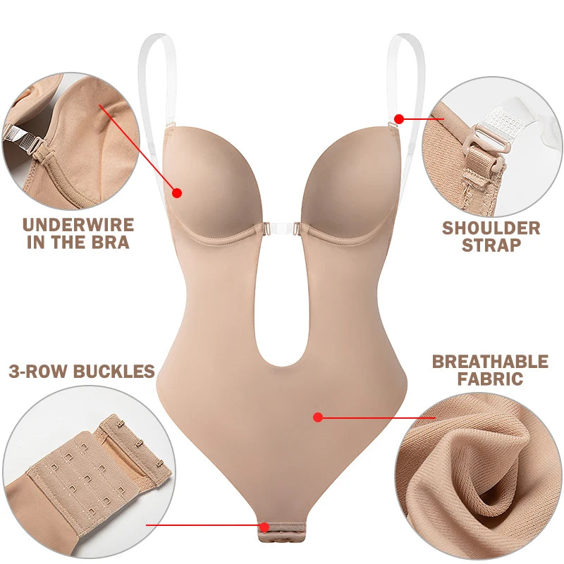 Backless Deep-V Shapewear Corset Bodysuit, Thong Back