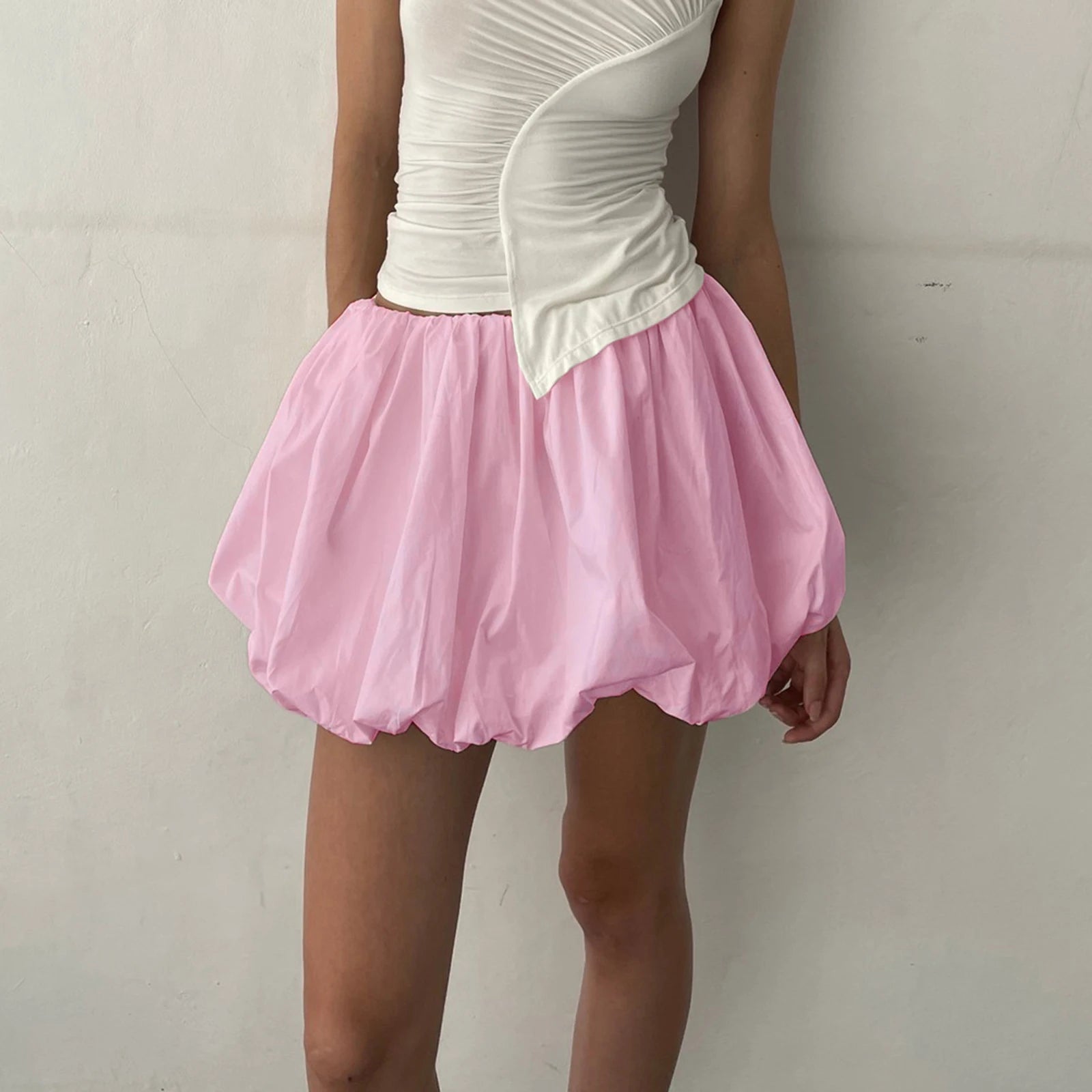 VacationGrabs Women Y2K Bubble Skirt Elastic Waist Pleated Ruffle Hem A Line Mini Skirt Girls Cute Short Puffy Balloon Skirt