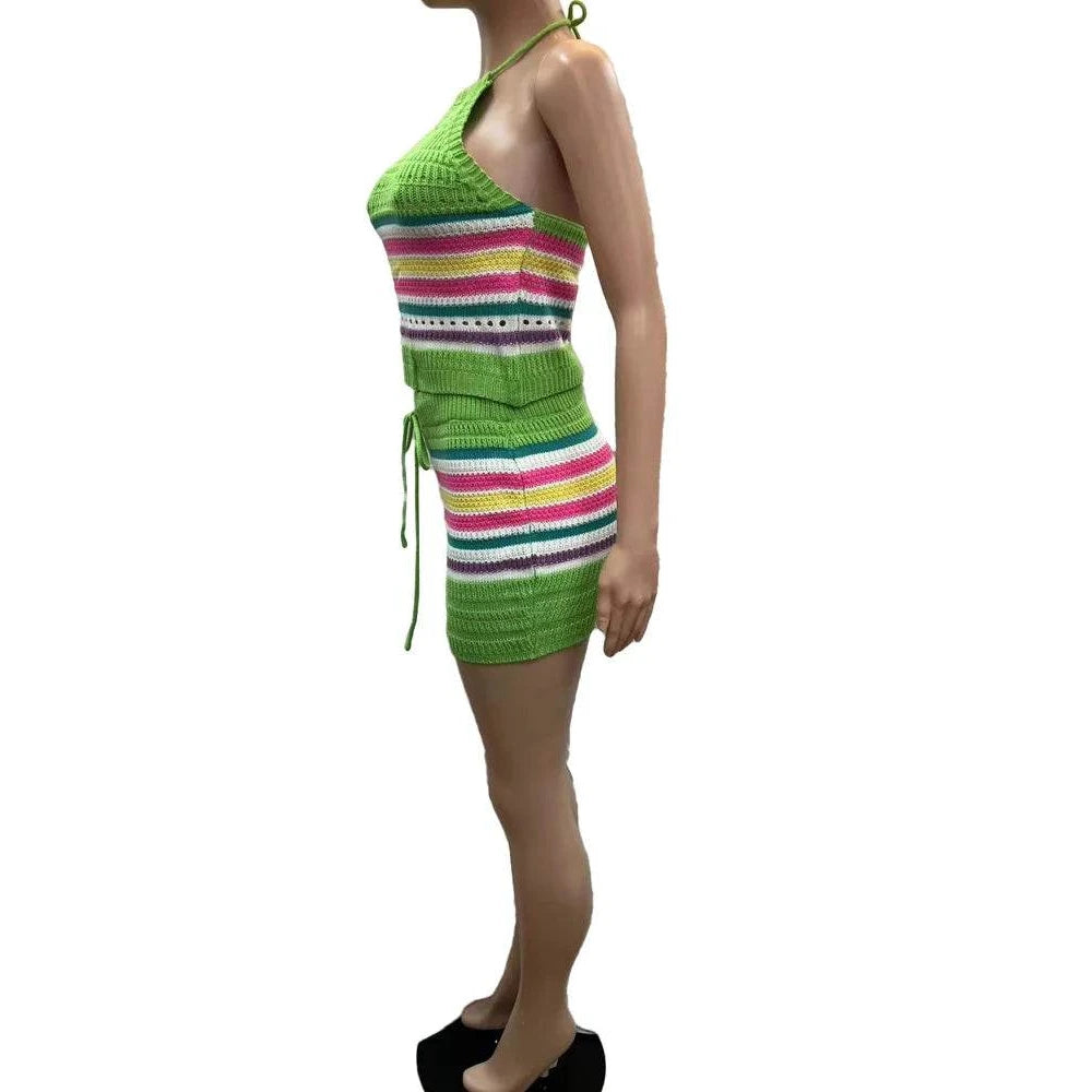 Two Piece Womens Halter Crop Top + Matching Skirt Set - VacationGrabs