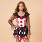 VacationGrabs Halloween Clown Cosplay Dress Women Mesh Long Sleeve Ruffle Neck Stripe Polka Dot A Line Short Dress Party  Club Costume