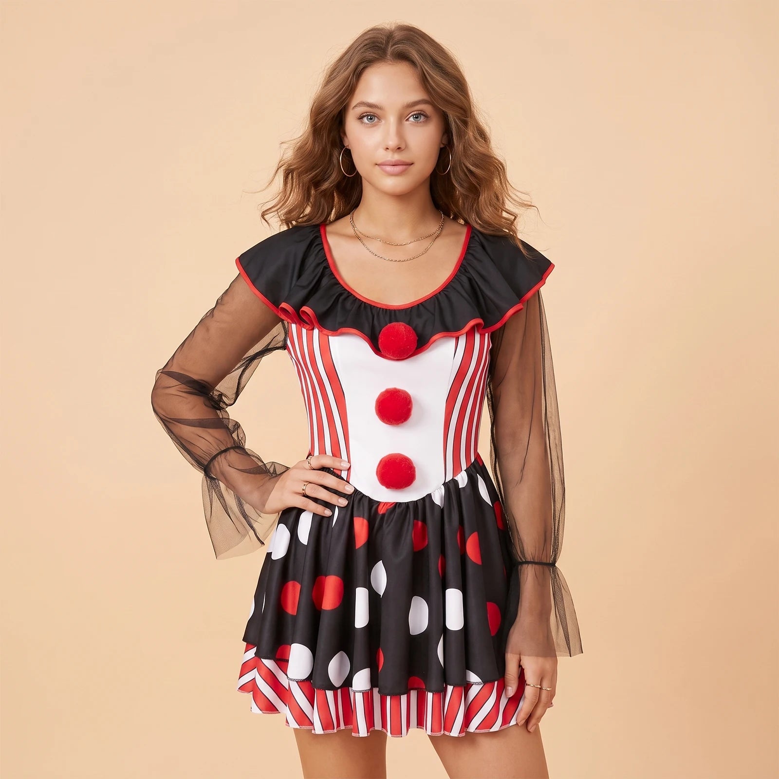 VacationGrabs Halloween Clown Cosplay Dress Women Mesh Long Sleeve Ruffle Neck Stripe Polka Dot A Line Short Dress Party  Club Costume
