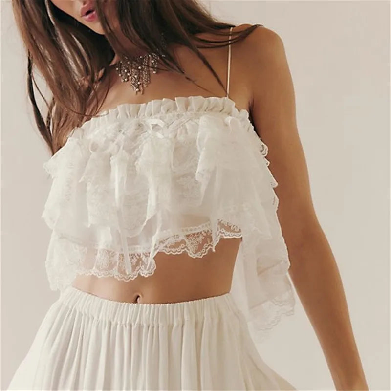 Women's Lace Ruffle Cami Tops Sleeveless Spaghetti Strap Square Neck Camisole Summer Shirt Y2K Vintage Streetwear