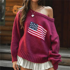 VacationGrabs Off Shoulder American Flag Knit Sweater for Women Long Sleeve Oversized Fit Casual Streetwear Pullover for Fall Winter