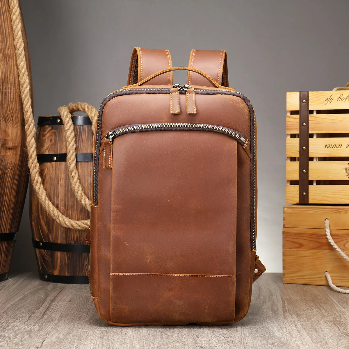 Frenzy Horsehide Men's Double-Shoulder Backpack, Cowhide Outdoor Travel Backpack, Men's Genuine Leather Double-Shoulder Bag